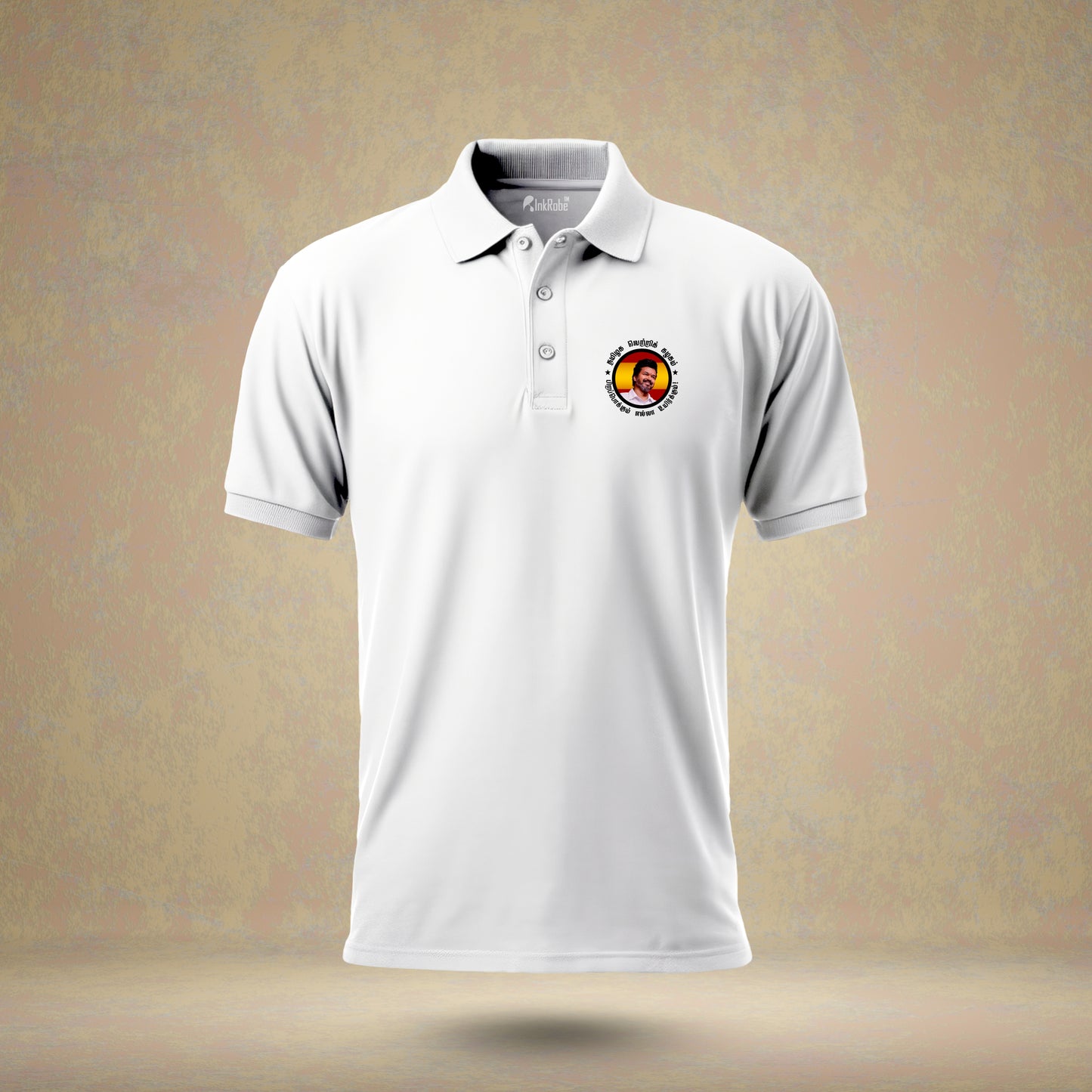 Tamizhaga Vetri Kazhagam Pirapokkum Ella Uyirkum Vijay Face with (Black Outlined) White Polo T-Shirt