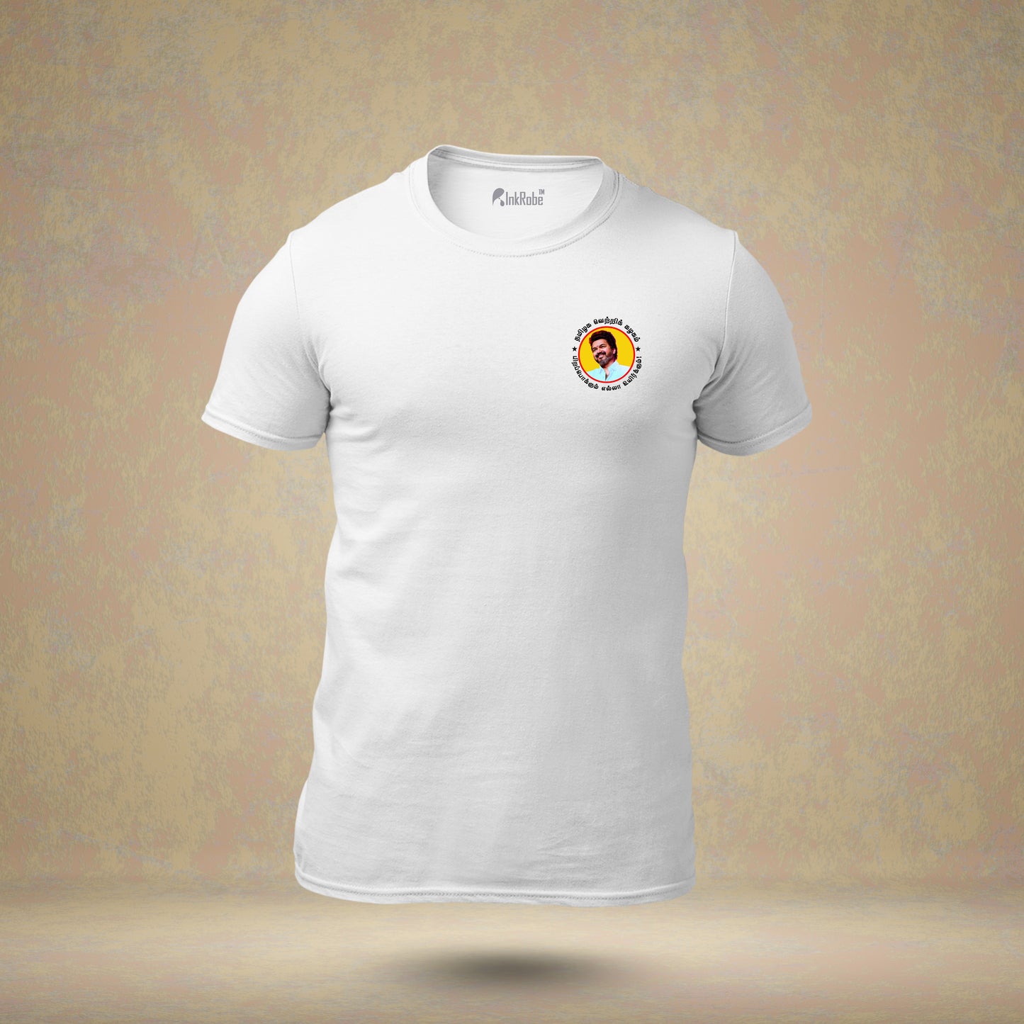 VIJAY FACE with Tamizhaga Vetri Kazhagam Pirapokkum Ella Uyirkkum (Yellow Theme) White Round Neck T-Shirt